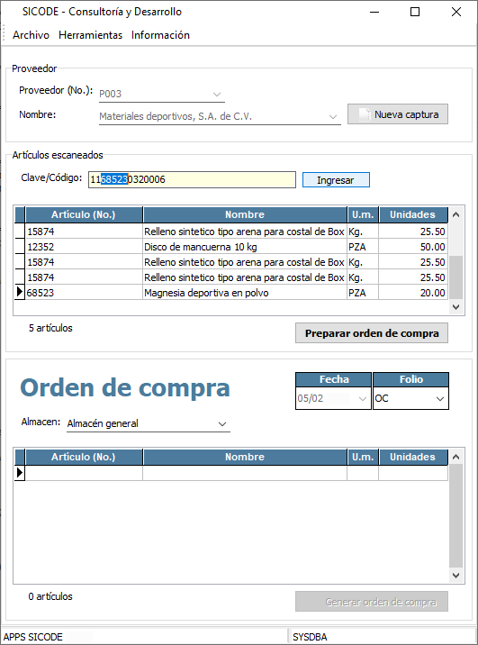 Generador de orden de compra a partir de artículos escaneados decodificando código de barras Generador de orden de compra a partir de artículos escaneados decodificando código de barras