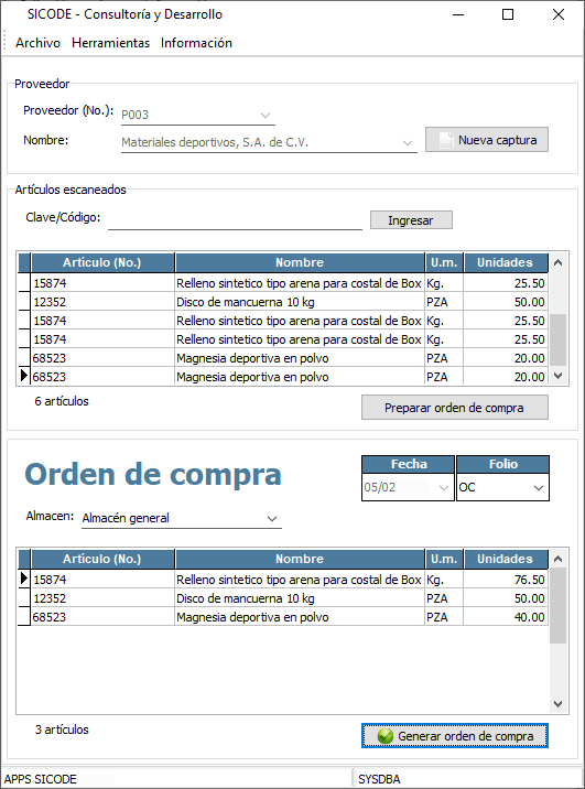 Generador de orden de compra a partir de artículos escaneados decodificando código de barras Generador de orden de compra a partir de artículos escaneados decodificando código de barras